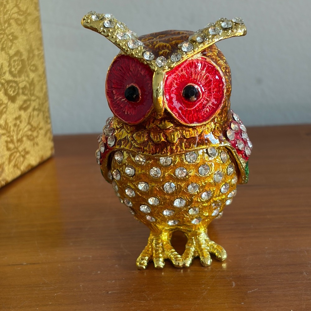 Gold Enameled Owl Trinket Box Crystal Rhinestone Hinged Jewelry Pill‎ Box Gift